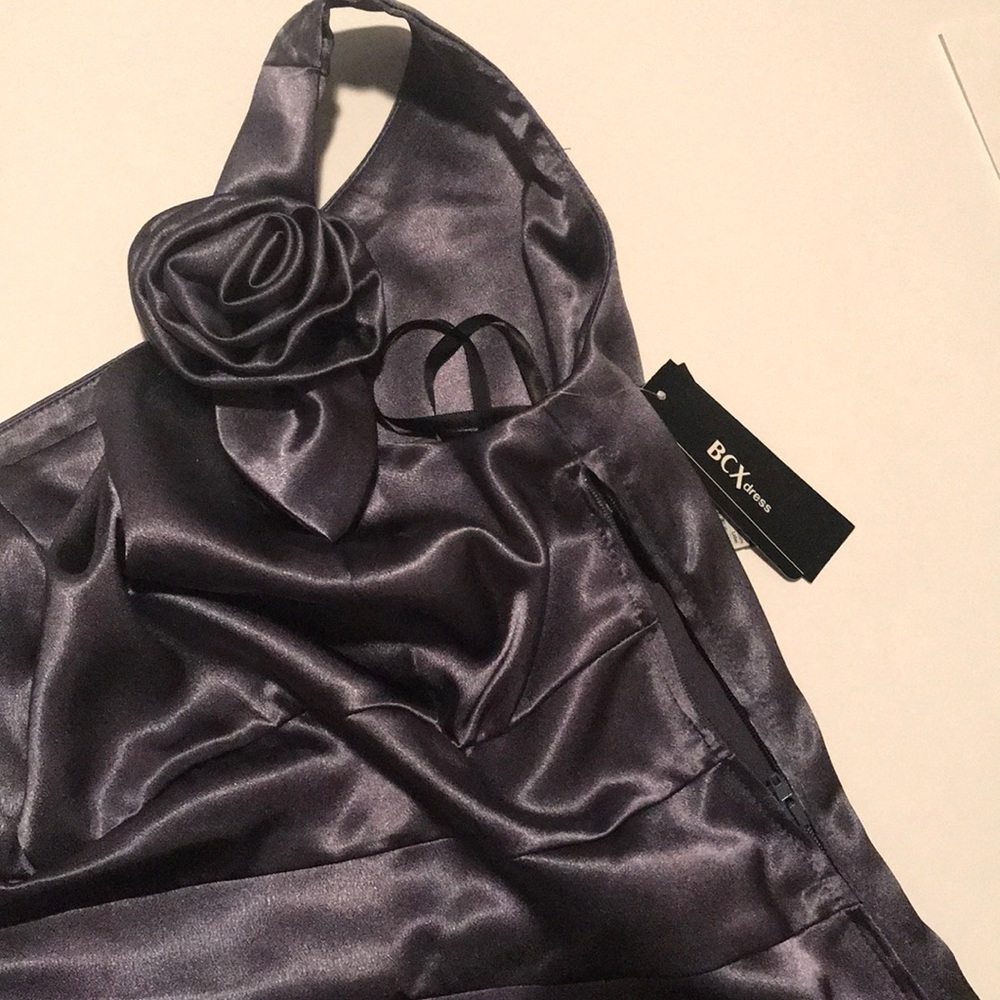 BCX Junior Off the Shoulder Party Bodycon Satin Silver Color Midi  Dress Size 5 - Picture 5 of 9